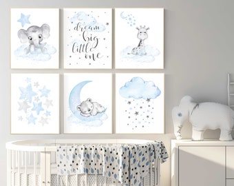 Nursery decor boy bear, giraffe, elephant, animal prints, Animal nursery wall art, bear decor for nursery, blue grey elephant, boys nursery