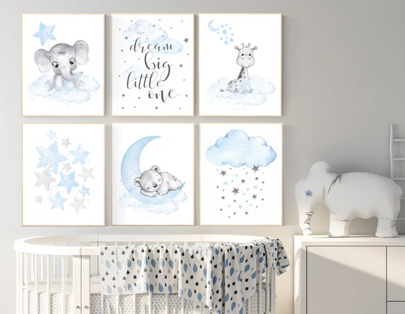 Nursery decor boy bear, giraffe, elephant, animal prints, Animal nursery wall art, bear decor for nursery, blue grey elephant, boys nursery