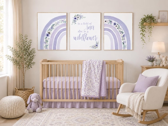 Purple Rainbow Nursery Art: Floral Girls Room Decor Print