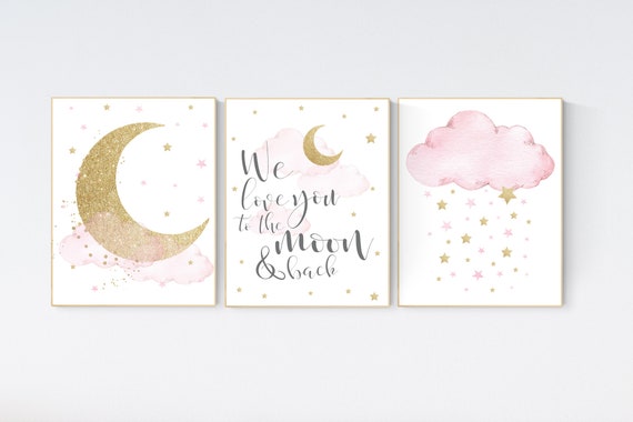 Nursery wall art girl, pink and gold nursery, we love you to the moon and back, pink nursery art, cloud and stars, baby room decor for girls