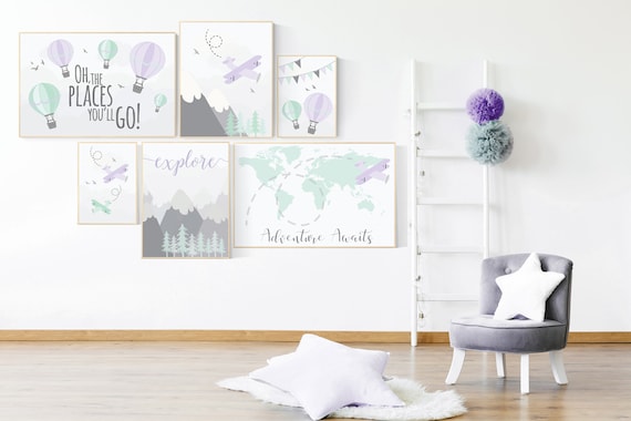 Lavender mint nursery decor, adventure awaits map, adventure nursery print, mountain nursery, nursery decor girl purple mint, mint purple