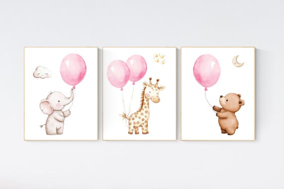 Nursery decor girl pink, animal nursery, nursery decor girl, balloon nursery, girls room decor pink, animal prints, girls nursery