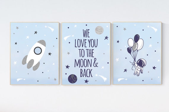 Nursery decor boy space, space nursery wall art, we love you to the moon and back, Nursery wall art boy space, space print, outer space