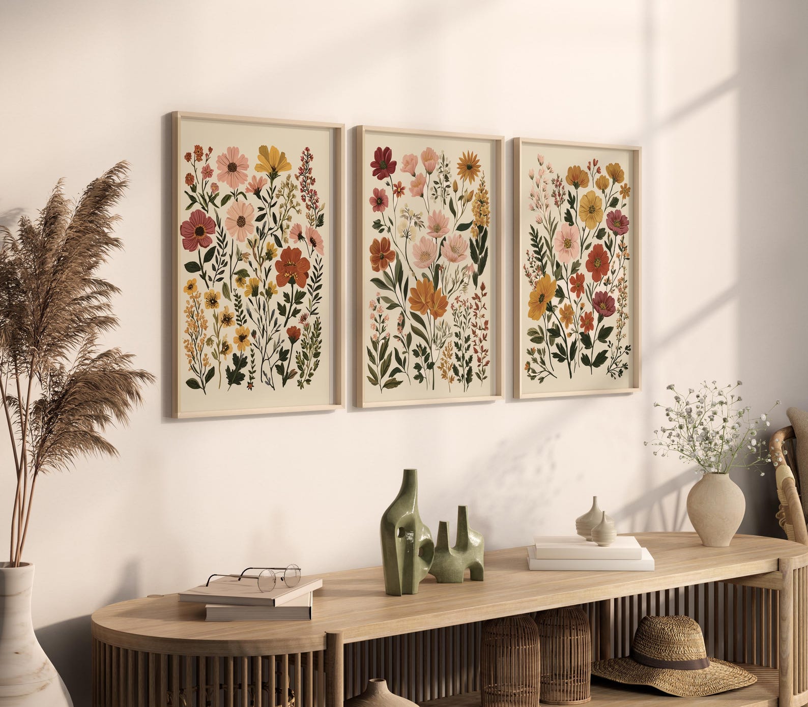 Botanical Flower Wall Art Set of 3, Neutral Floral Prints, Boho ...