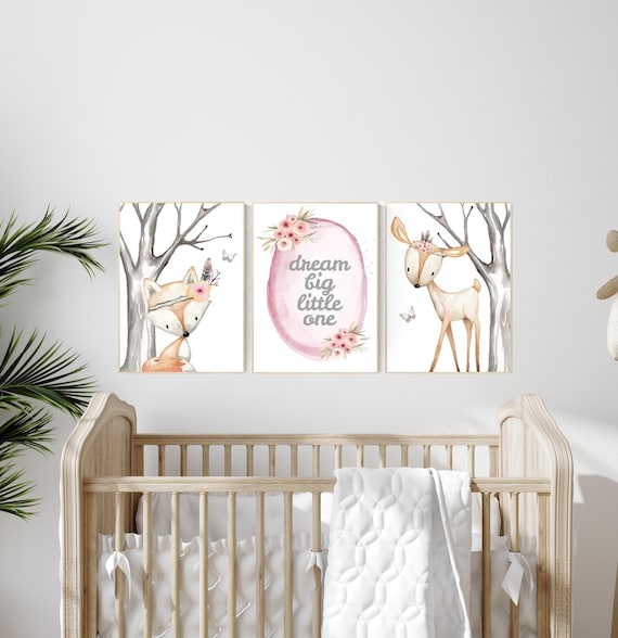 Nursery prints woodland, dream big little one, animal flower crown prints, nursery prints animals, nursery decor girl flower, flower nursery