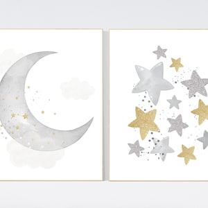 Nursery wall art grey, gray gold nursery, nursery decor neutral, baby room decor gender neutral, moon and stars, grey gold, baby room art
