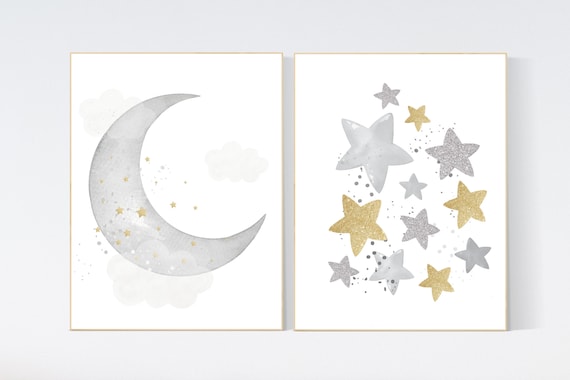 Nursery wall art grey, gray gold nursery, nursery decor neutral, baby room decor gender neutral, moon and stars, grey gold, baby room art