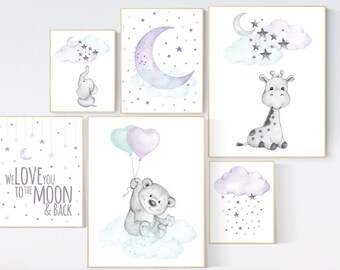 Purple mint nursery wall art, Nursery decor girl purple, Bear Elephant, giraffe, nurser decor girl, lilac nursery print, lavender, lilac