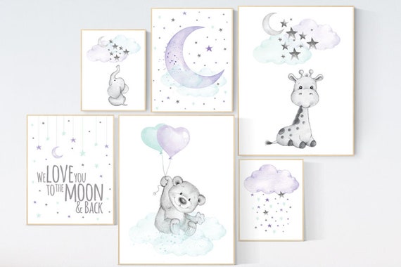 Purple mint nursery wall art, Nursery decor girl purple, Bear Elephant, giraffe, nurser decor girl, lilac nursery print, lavender, lilac