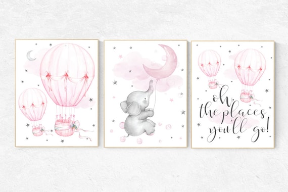 Nursery prints girl, nursery decor girl elephant, hot air balloon, cloud and stars, oh the places you'll go, moon nursery, baby room decor