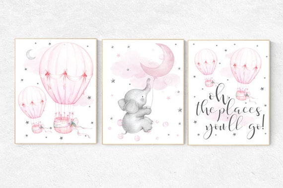 Nursery prints girl, nursery decor girl elephant, hot air balloon, cloud and stars, oh the places you'll go, moon nursery, baby room decor