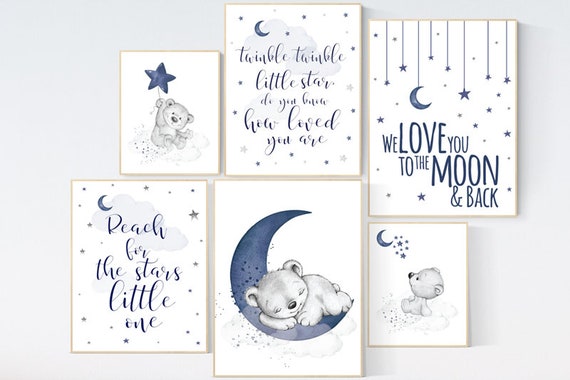 Nursery decor boy bear, boy nursery, moon and stars, navy nursery, boy nursery art, we love you to the moon and back