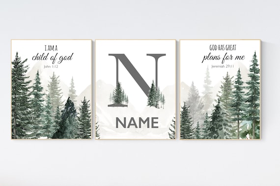 Nursery decor mountain, nursery wall art, tree nursery decor, adventure theme nursery, forest, sage green, verse prints, bible prints