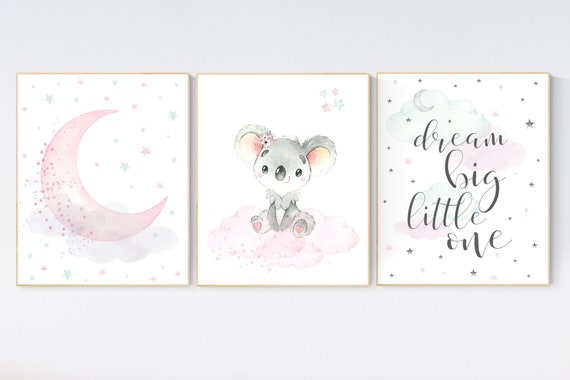 Pink mint nursery decor, koala nursery, pink and mint nursery, mint green, animal nursery, koala bear, moon, cloud, nursery wall decor