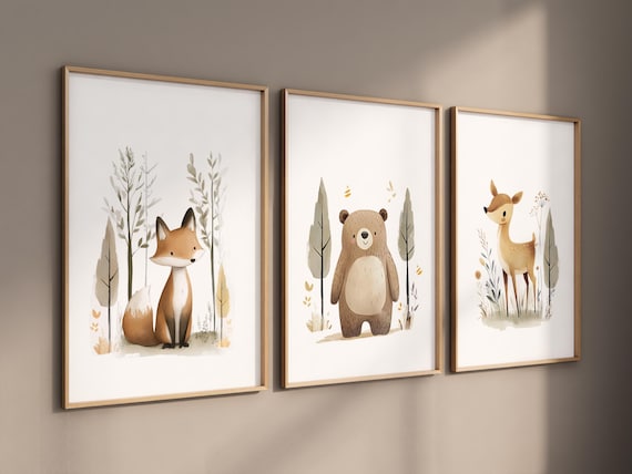 Woodland Animal Nursery Prints – Fox, Bear & Deer Wall Art – Neutral Baby Room Decor – Forest Animal Set – Unisex Nursery Wall Set