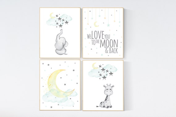 Nursery decor giraffe, elephant, gender neutral, mint yellow, we love you to the moon and back, nursery wall art, moon nursery, mint green