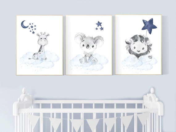 Nursery decor boys animals, giraffe, lion, koala, nursery prints, navy nursery, navy blue nursery, baby room wall art, woodland animal print