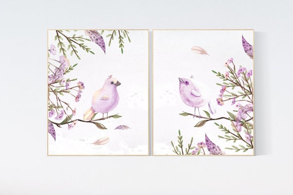 Nursery wall art birds, nursery decor girl floral, purple, nursery decor girl flower, baby bird nursery, lilac nursery, lavender nursery