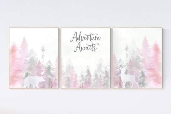 Nursery decor woodland, mountain wall art, tree nursery decor, adventure theme nursery, forest, pink and gray, woodland animals, pink gray