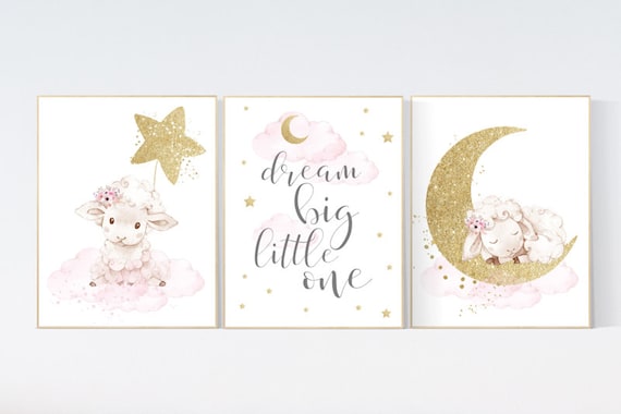 Sheep nursery decor, nursery decor lambs, dream big little one, nursery wall art sheep, moon cloud star nursery, pink gold nursery decor