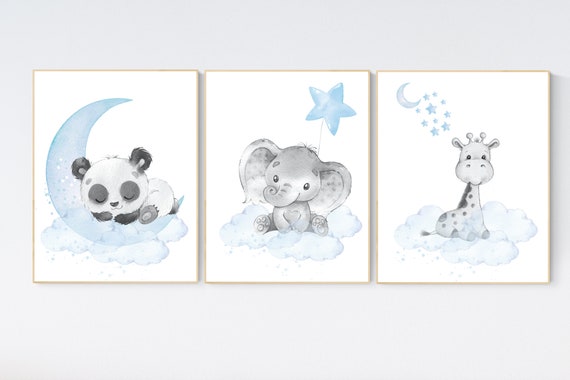 Nursery wall art animals, baby room decor blue, baby room decor panda bear, elephant, giraffe, animal nursery decor, nursery prints boy room