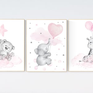 Nursery decor girl, elephant balloon print,  giraffe, bear, elephant wall art, baby girl nursery wall art, animal prints, pink and gray