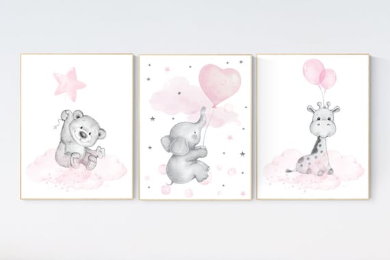 Nursery decor girl, elephant balloon print,  giraffe, bear, elephant wall art, baby girl nursery wall art, animal prints, pink and gray