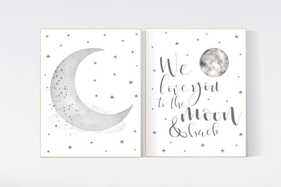 Nursery wall art grey, gray nursery, nursery decor neutral, baby room decor gender neutral, moon and stars, grey nursery decor baby room art