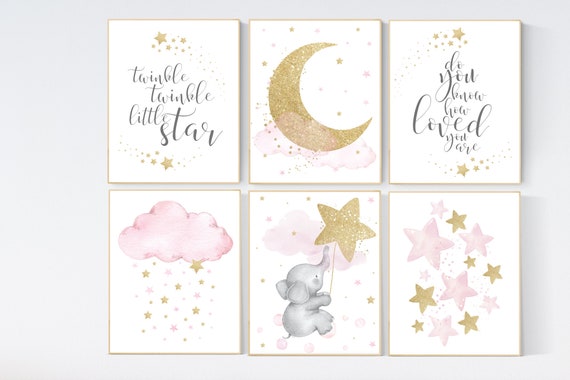 Nursery decor girl, pink gold nursery, twinkle twinkle nursery, moon and stars, elephant nursery, pink and gold, girl nursery decor ideas