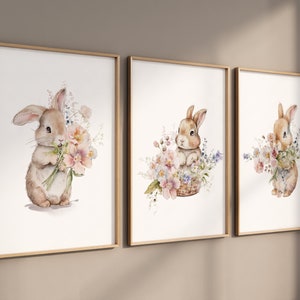 Nursery wall art girl bunnies, bunny nursery print, Bunny Floral Watercolor Prints, bunny nursery decor, Wildflower Nursery, bunny nursery