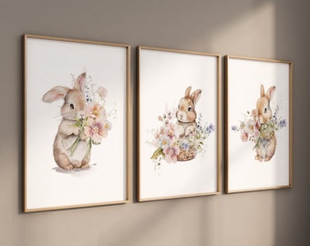 Bunny Floral Watercolor Nursery Print: Wildflower Decor