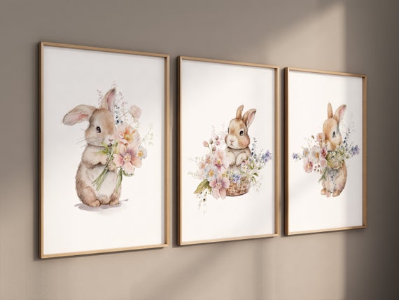 Nursery wall art girl bunnies, bunny nursery print, Bunny Floral Watercolor Prints, bunny nursery decor, Wildflower Nursery, bunny nursery