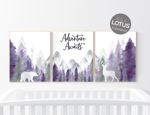 Nursery decor woodland, mountain wall art, tree nursery decor, adventure theme nursery, forest, navy, purple nursery, woodland animals