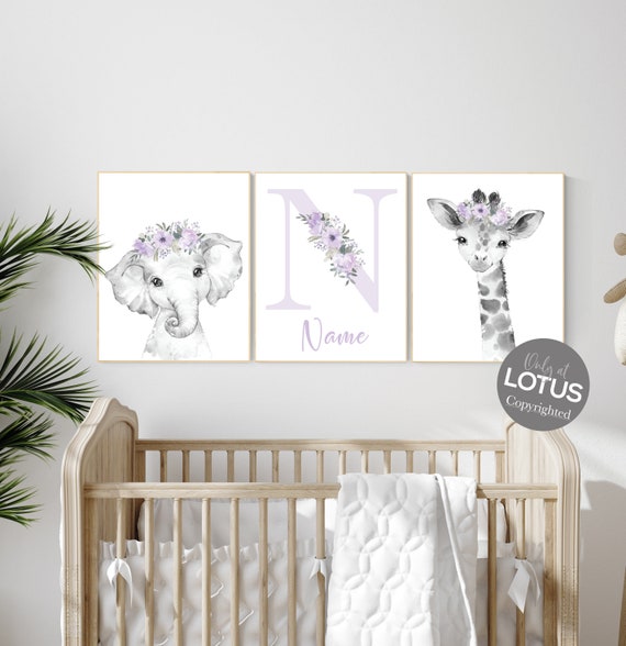 Purple nursery, girl nursery, animal nursery, Safari animals, Floral Nursery Prints, purple nursery, girls nursery decor, elephant nursery