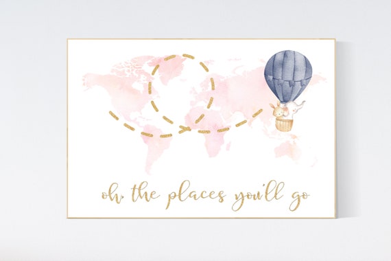 Oh the places you will go, world map, pink nursery, hot air balloon, baby room decor, nursery room decor, world map, oh the places you'll go