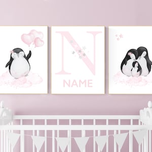 Penguin nursery, pink nursery wall art, girl nursery, baby room wall art, nursery wall art penguin, nursery decor girl, penguins, baby room