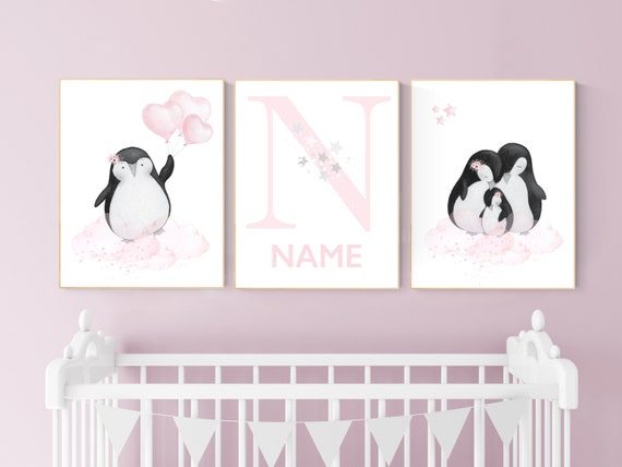 Penguin nursery, pink nursery wall art, girl nursery, baby room wall art, nursery wall art penguin, nursery decor girl, penguins, baby room
