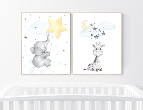 Elephant nursery art, giraffe nursery, blue yellow nursery, neutral nursery prints, cloud nursery, star nursery decor, gender neutral
