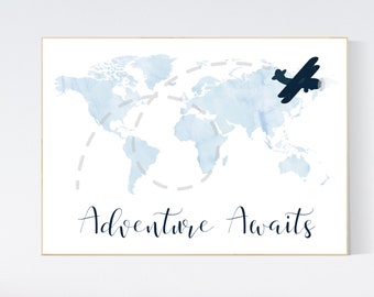 Navy Blue World Map Nursery Art Print: Adventure Awaits