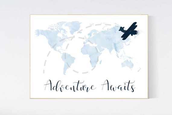 Nursery wall art map, adventure awaits, world map print, nursery decor, navy blue, plane nursery decor, blue world map, adventure nursery