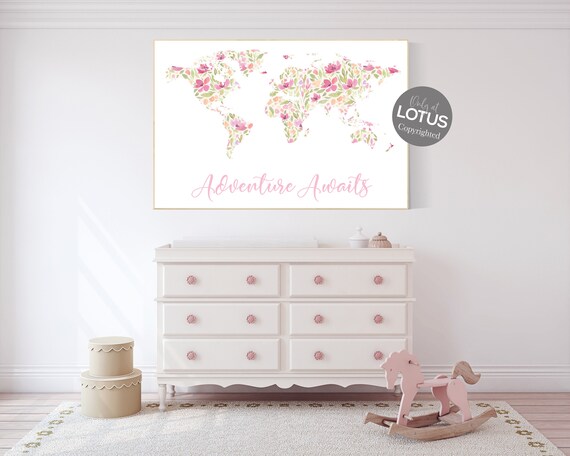Boho nursery, girl room decor, Floral World Map, Girl Nursery Decor, Travel Nursery, floral Nursery, girl nursery decor, girls room decor