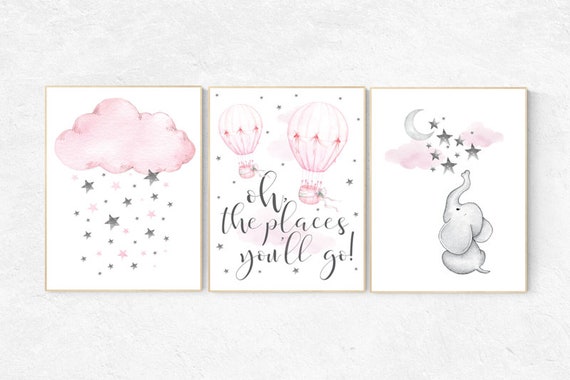 Nursery decor girl elephant, hot air balloon, pink and grey, cloud and stars, oh the places you'll go, nursery wall art, pink and gray