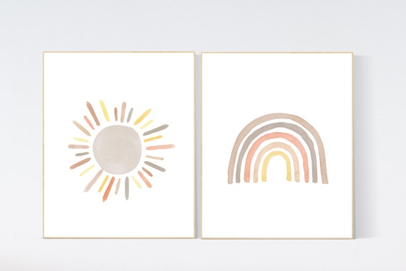 Nursery decor rainbow, neutral Rainbow Wall Art, rainbow Print Set, Cloud Rainbow Sun, Rainbow Wall Art, gender neutral, Watercolor Rainbow