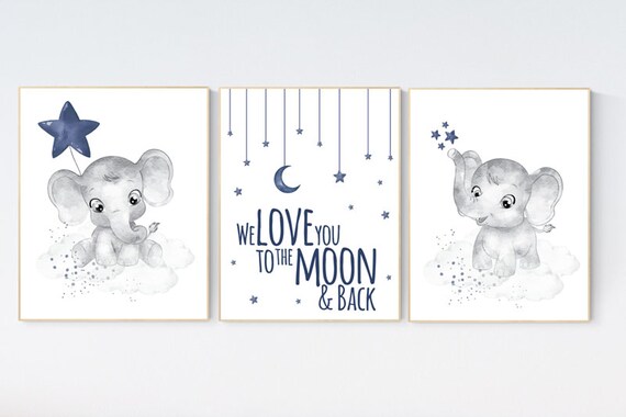 Nursery wall art boy, nursery decor elephant, nursery prints, navy nursery decor, navy blue nursery art, we love you to the moon and back