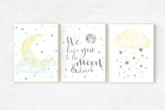 Yellow and mint nursery, moon and back, moon and stars nursery, gender neutral nursery, nursery decor boy teal, yellow nursery