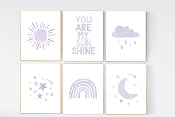 Nursery prints rainbow, Nursery decor girl, nursery wall art, purple, lavender, moon star, cloud, nursery wall art, rainbow, lilac, girls