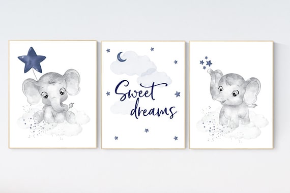 Nursery decor elephant, navy nursery decor, moon and stars, navy blue nursery art, baby boy nursery, wall art, nursery prints, baby registry