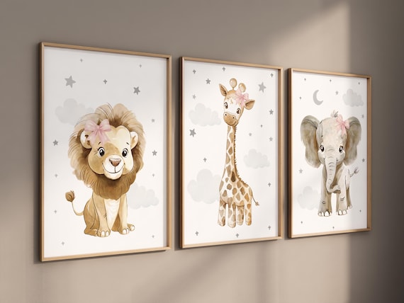 Nursery wall art animals, gray nursery, gender neutral nursery, baby room decor, bear, elephant, giraffe, animal prints, pink bow