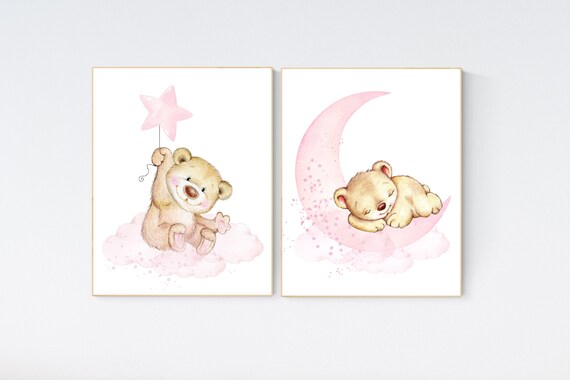 Pink girl room print, Nursery wall art bear, girl nursery decor animals, baby girl room, teddy bear, nursery art, girl room decor