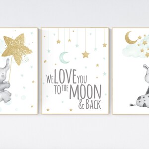 Nursery decor mint gold, mint green and gold, elephant, giraffe, bear nursery, name nursery, mint gold, nursery wall decor, nursery art